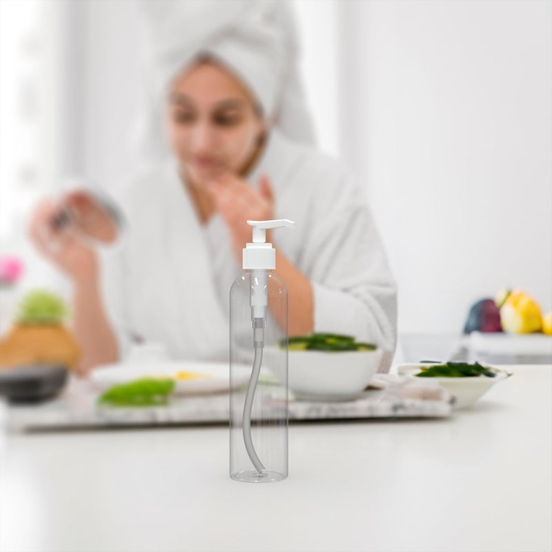 BRIGHTFROM Lotion Pump Bottles, Empty 8 OZ, BPA-Free, PET Refillable Plastic Containers, Clear with White Dispenser for - Soap, Shampoo, Lotions, Liquid Body Soap, Creams and Massage Oil (3 Pack) - Image 4